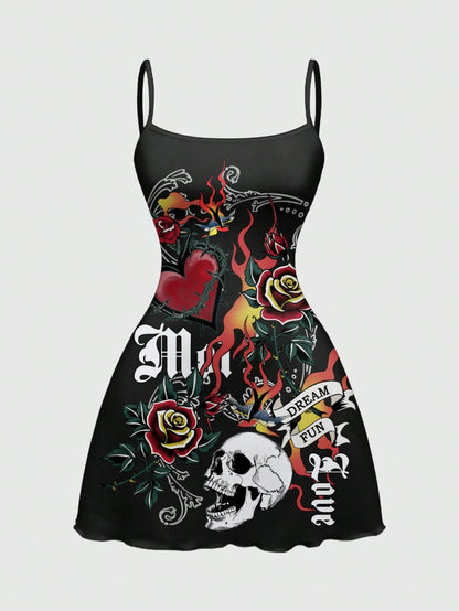 ROMWE Spring/Summer Beach Vacation Graphic Black Gothic Horror Dark Print Sexy Mini Dress For Women, Autumn/Winter