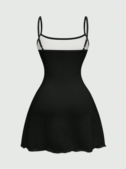 ROMWE Spring/Summer Beach Vacation Graphic Black Gothic Horror Dark Print Sexy Mini Dress For Women, Autumn/Winter
