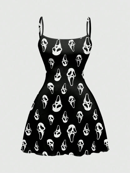 ROMWE Spring/Summer Beach Vacation Graphic Black Gothic Horror Dark Print Sexy Mini Dress For Women, Autumn/Winter