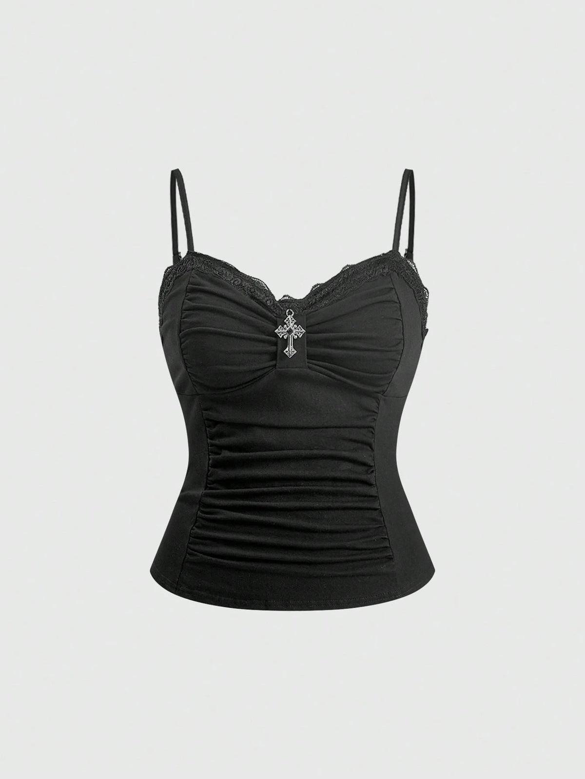 ROMWE Spring/Summer Carnival Party Casual Black Plus Size Gothic Cross Pendant Lace Splicing Ruched Camisole Camisole