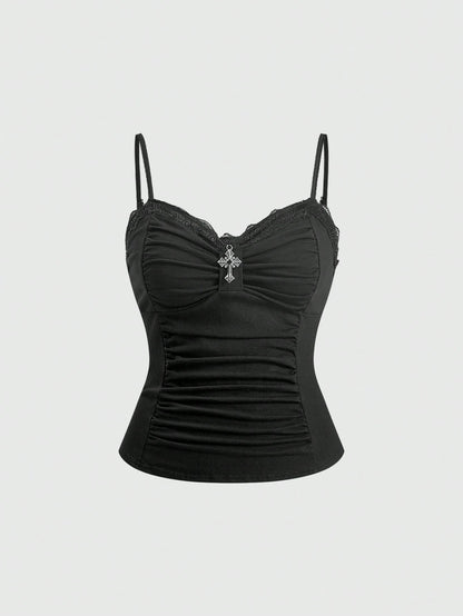 ROMWE Spring/Summer Carnival Party Casual Black Plus Size Gothic Cross Pendant Lace Splicing Ruched Camisole Camisole