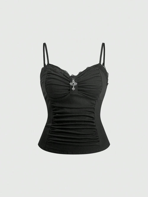 ROMWE Spring/Summer Carnival Party Casual Black Plus Size Gothic Cross Pendant Lace Splicing Ruched Camisole Camisole