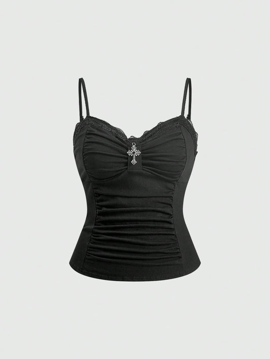 ROMWE Spring/Summer Carnival Party Casual Black Plus Size Gothic Cross Pendant Lace Splicing Ruched Camisole Camisole