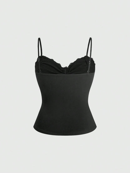 ROMWE Spring/Summer Carnival Party Casual Black Plus Size Gothic Cross Pendant Lace Splicing Ruched Camisole Camisole