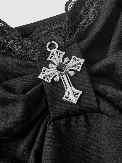 ROMWE Spring/Summer Carnival Party Casual Black Plus Size Gothic Cross Pendant Lace Splicing Ruched Camisole Camisole
