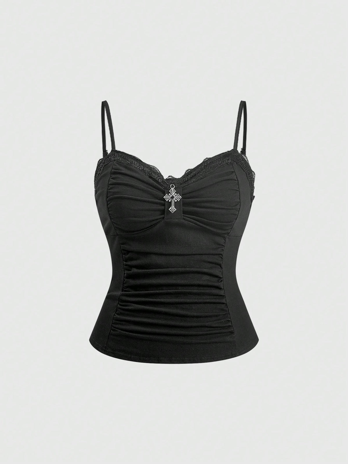 ROMWE Spring/Summer Carnival Party Casual Black Plus Size Gothic Cross Pendant Lace Splicing Ruched Camisole Camisole