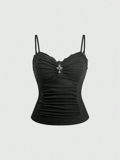 ROMWE Spring/Summer Carnival Party Casual Black Plus Size Gothic Cross Pendant Lace Splicing Ruched Camisole Camisole