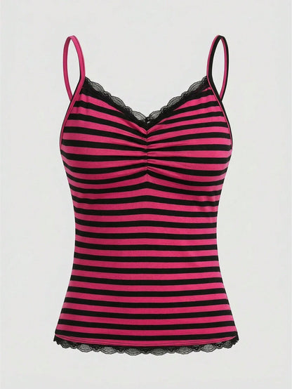 ROMWE Summer Casual Lace Trim Striped Camisole