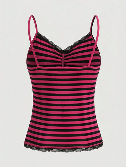 ROMWE Summer Casual Lace Trim Striped Camisole