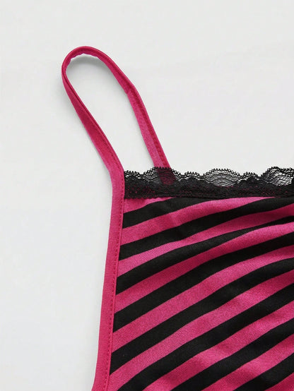 ROMWE Summer Casual Lace Trim Striped Camisole