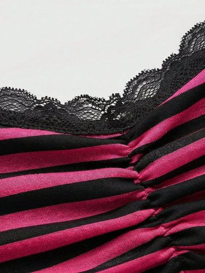 ROMWE Summer Casual Lace Trim Striped Camisole