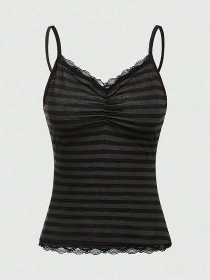 ROMWE Summer Casual Lace Trim Striped Camisole