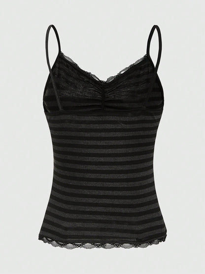 ROMWE Summer Casual Lace Trim Striped Camisole