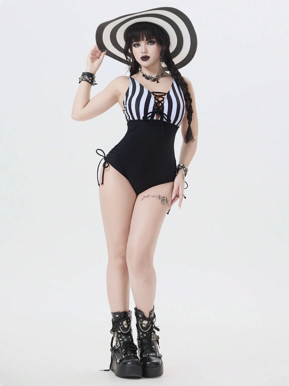 ROMWE Women's Gothic Rock Lace-Up V-Neck Black & White Striped One-Piece Swimsuit,Goth Elegant Beach Party Outfits,Summer Vacation Music Festival Wear