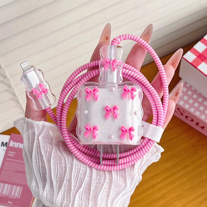 Rose Red Bow & White Pearl Flower Design Charging Cable Protector Set 20W/18W, Cable Protector Rope, Protective Shell, Compatible With Apple For IPhone, Great Gift Choice