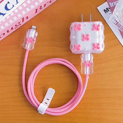 Rose Red Bow & White Pearl Flower Design Charging Cable Protector Set 20W/18W, Cable Protector Rope, Protective Shell, Compatible With Apple For IPhone, Great Gift Choice
