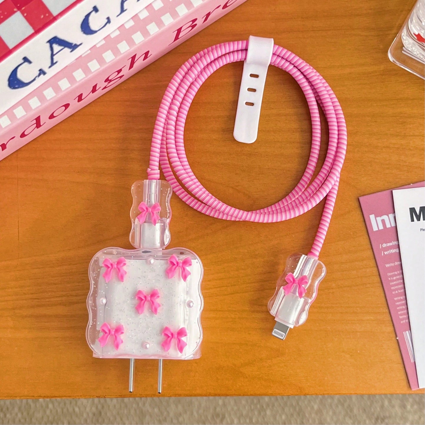 Rose Red Bow & White Pearl Flower Design Charging Cable Protector Set 20W/18W, Cable Protector Rope, Protective Shell, Compatible With Apple For IPhone, Great Gift Choice