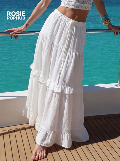 ROSIE POPHUB Women's White Long Ruffle Hem Maxi Dress, Polyester Material, Casual Elegant Preppy Style, Suitable For Beach Vacation, Music Festival, Wedding, Summer Long Dress