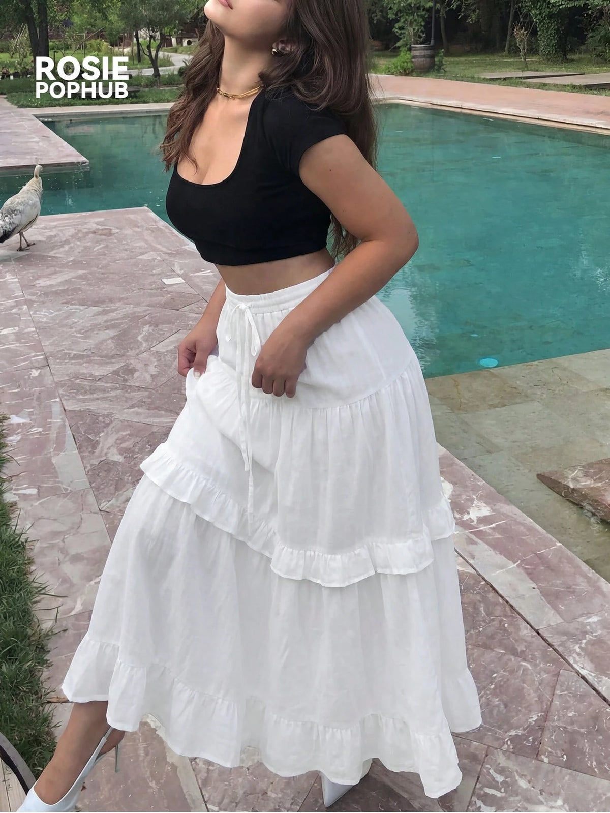 ROSIE POPHUB Women's White Long Ruffle Hem Maxi Dress, Polyester Material, Casual Elegant Preppy Style, Suitable For Beach Vacation, Music Festival, Wedding, Summer Long Dress
