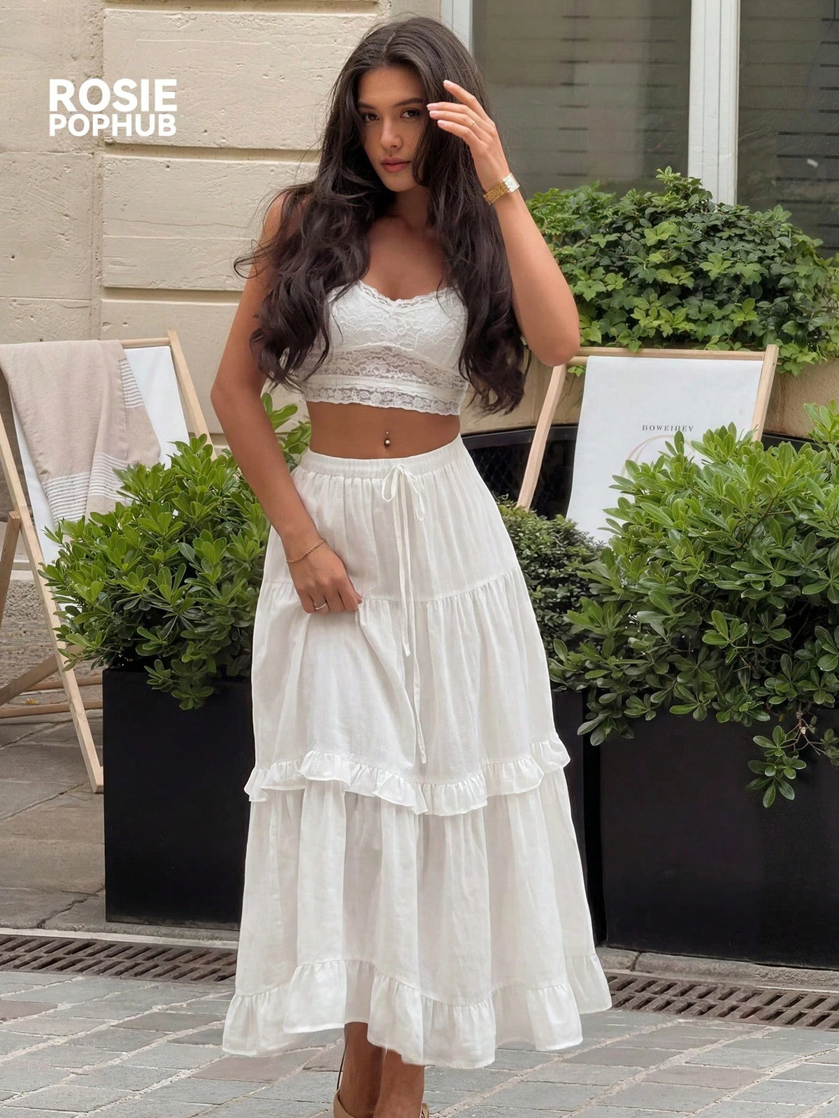 ROSIE POPHUB Women's White Long Ruffle Hem Maxi Dress, Polyester Material, Casual Elegant Preppy Style, Suitable For Beach Vacation, Music Festival, Wedding, Summer Long Dress