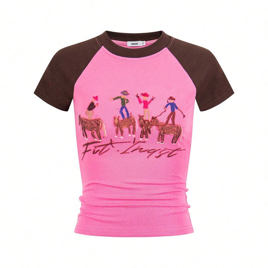 Round-Neck Raglan Sleeve Color-Blocked Short-Sleeve T-Shirt Top