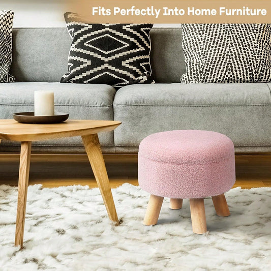 Round Teddy Boucle Storage Ottoman Foot Stool, Soft Sponge Foot Rest With Wooden Legs, Small Upholstered Storage Bench For Entryway, Bedroom, Living Room & Couch