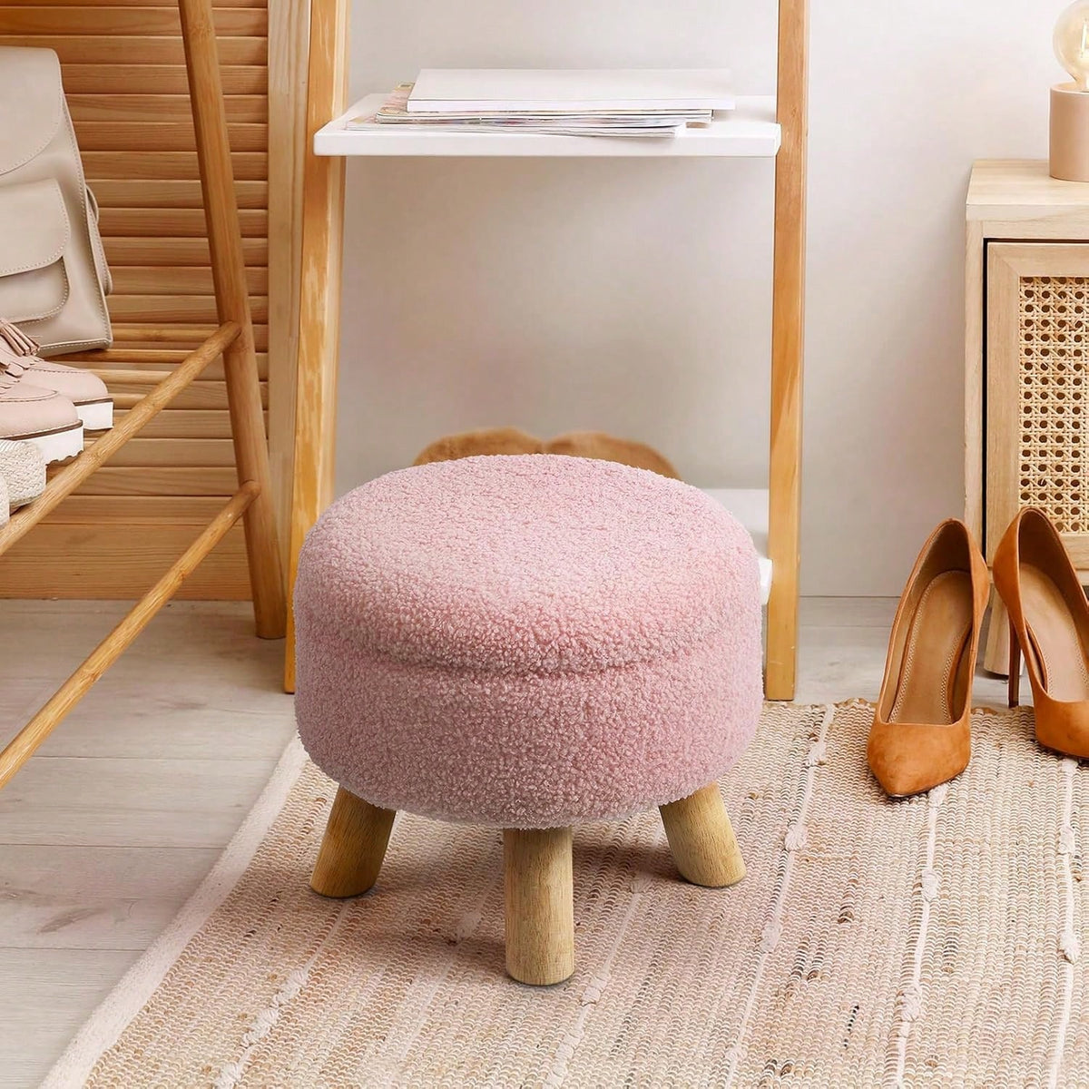 Round Teddy Boucle Storage Ottoman Foot Stool, Soft Sponge Foot Rest With Wooden Legs, Small Upholstered Storage Bench For Entryway, Bedroom, Living Room & Couch