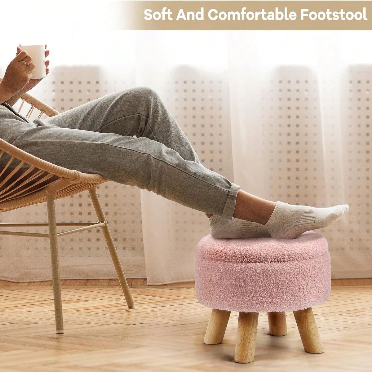 Round Teddy Boucle Storage Ottoman Foot Stool, Soft Sponge Foot Rest With Wooden Legs, Small Upholstered Storage Bench For Entryway, Bedroom, Living Room & Couch