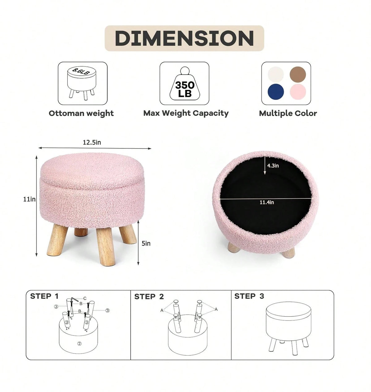Round Teddy Boucle Storage Ottoman Foot Stool, Soft Sponge Foot Rest With Wooden Legs, Small Upholstered Storage Bench For Entryway, Bedroom, Living Room & Couch