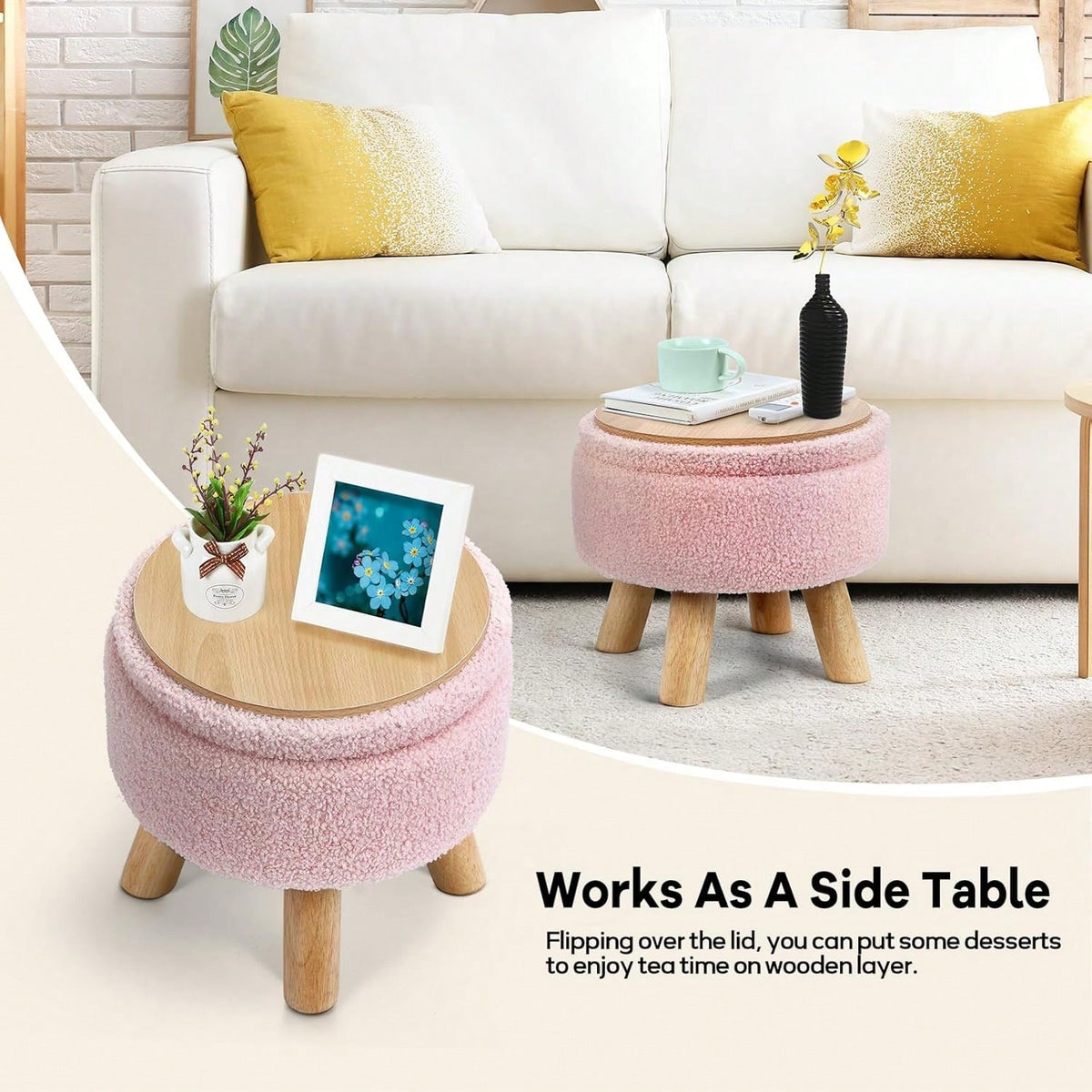 Round Teddy Boucle Storage Ottoman Foot Stool, Soft Sponge Foot Rest With Wooden Legs, Small Upholstered Storage Bench For Entryway, Bedroom, Living Room & Couch
