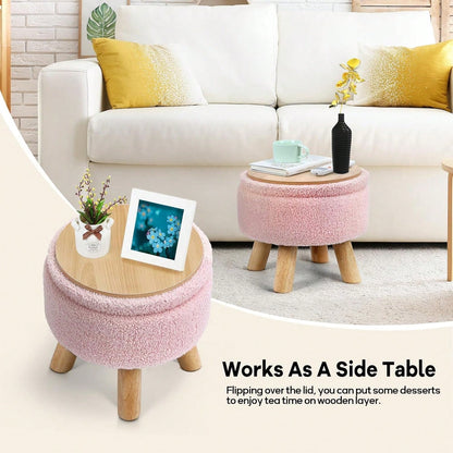 Round Teddy Boucle Storage Ottoman Foot Stool, Soft Sponge Foot Rest With Wooden Legs, Small Upholstered Storage Bench For Entryway, Bedroom, Living Room & Couch