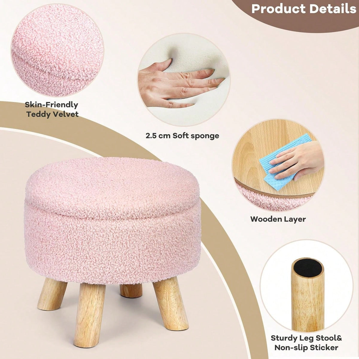 Round Teddy Boucle Storage Ottoman Foot Stool, Soft Sponge Foot Rest With Wooden Legs, Small Upholstered Storage Bench For Entryway, Bedroom, Living Room & Couch
