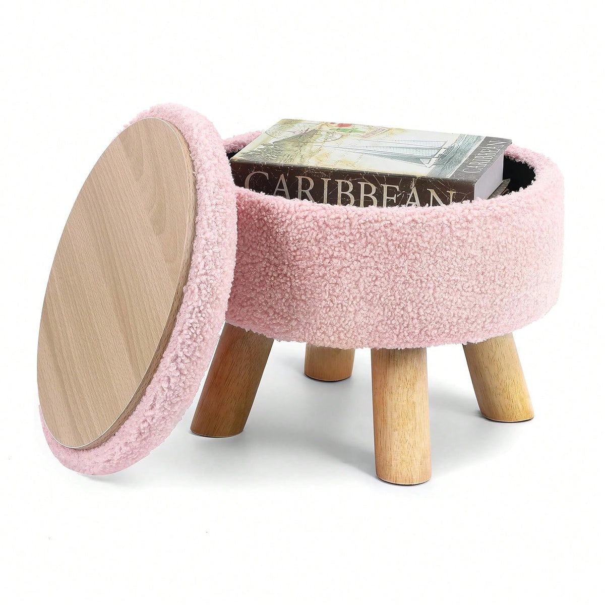 Round Teddy Boucle Storage Ottoman Foot Stool, Soft Sponge Foot Rest With Wooden Legs, Small Upholstered Storage Bench For Entryway, Bedroom, Living Room & Couch