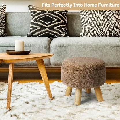 Round Teddy Boucle Storage Ottoman Foot Stool, Soft Sponge Foot Rest With Wooden Legs, Small Upholstered Storage Bench For Entryway, Bedroom, Living Room & Couch
