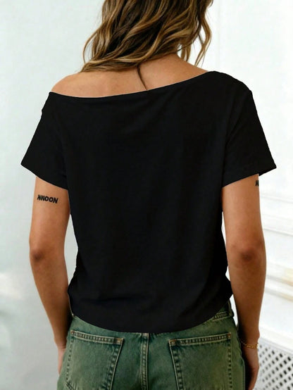 Rovax Cropped Oblique Shoulder Short Sleeve T-Shirt