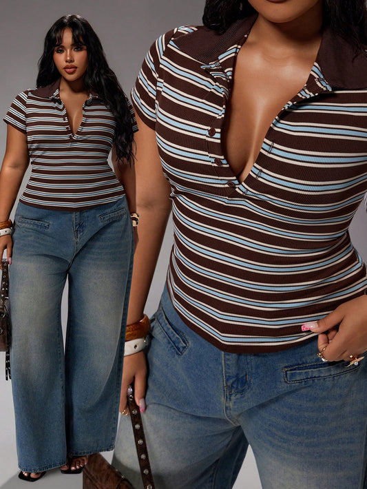 Rustia Dropped Shoulder Tie-Neck Striped Polo Shirt, Women's Vintage Elegant Beach Vacation T-Shirt, Knitted Brown & Blue Striped Style, Loose Polo Collar Short Sleeve Top, Striped Top, Home & Workwea