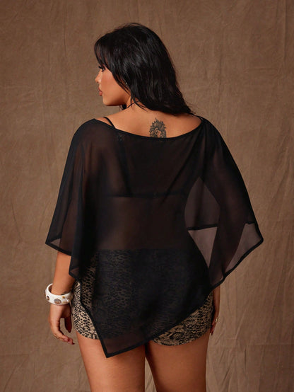 Rustia Plus Size Women's Solid Black Chiffon Cover Up, Loose Comfortable Split Sheer Versatile Cover Up, Fashionable Summer Shirt