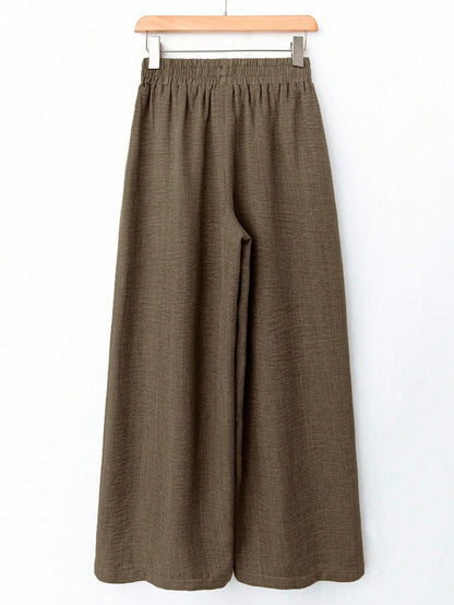 Rusticease Women Casual Solid Color Elastic Waist Wide Leg Pants, Versatile Brown Pants Linen Pants Brown Linen Pants Wide Leg Linen Pants Earthy Pants