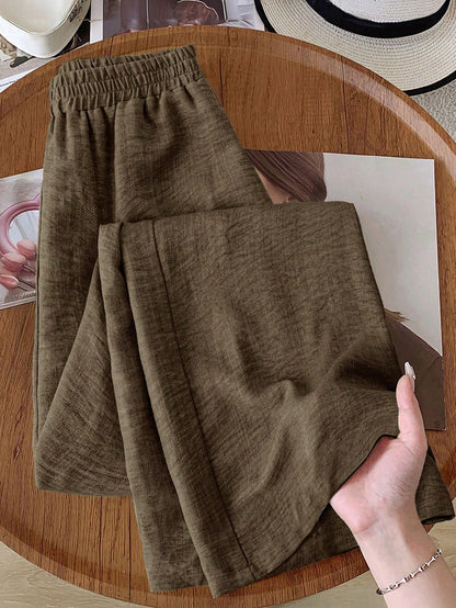 Rusticease Women Casual Solid Color Elastic Waist Wide Leg Pants, Versatile Brown Pants Linen Pants Brown Linen Pants Wide Leg Linen Pants Earthy Pants