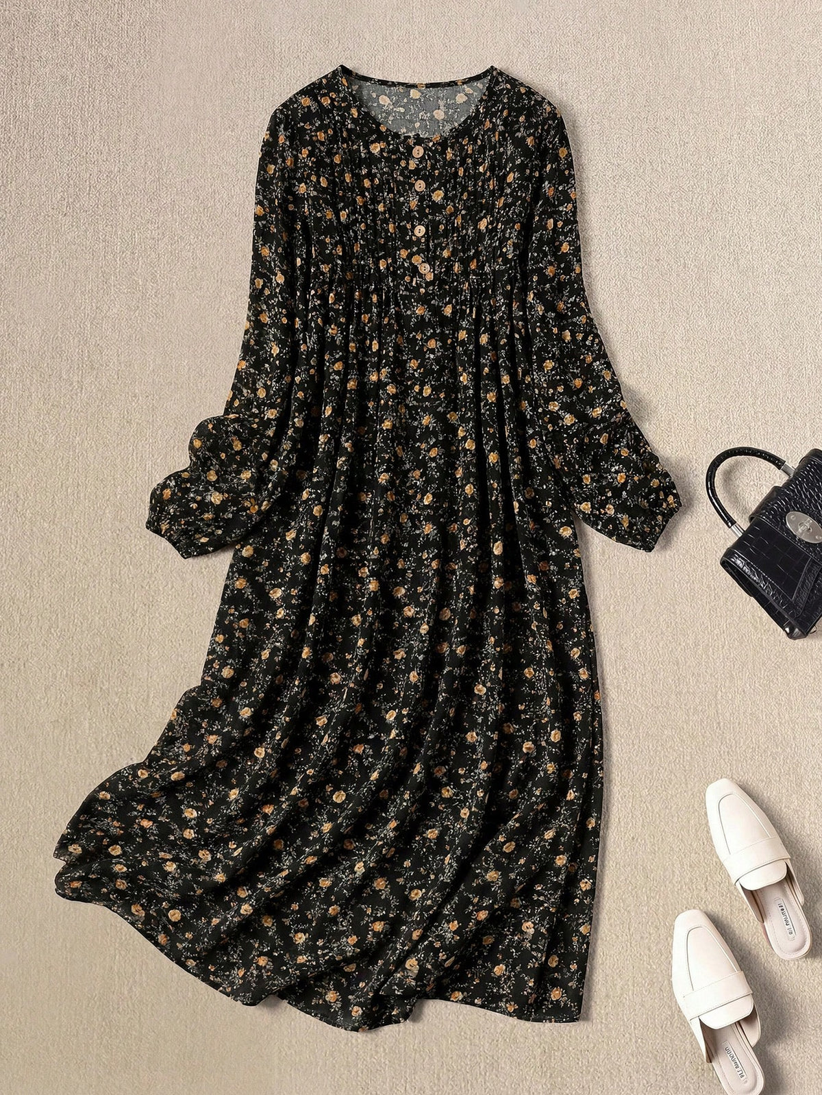 Rusticease Women's Ditsy Floral Round Neck Long Sleeve Button Design Casual Cottage Core Dress Picnic Black And Yellow Autumn