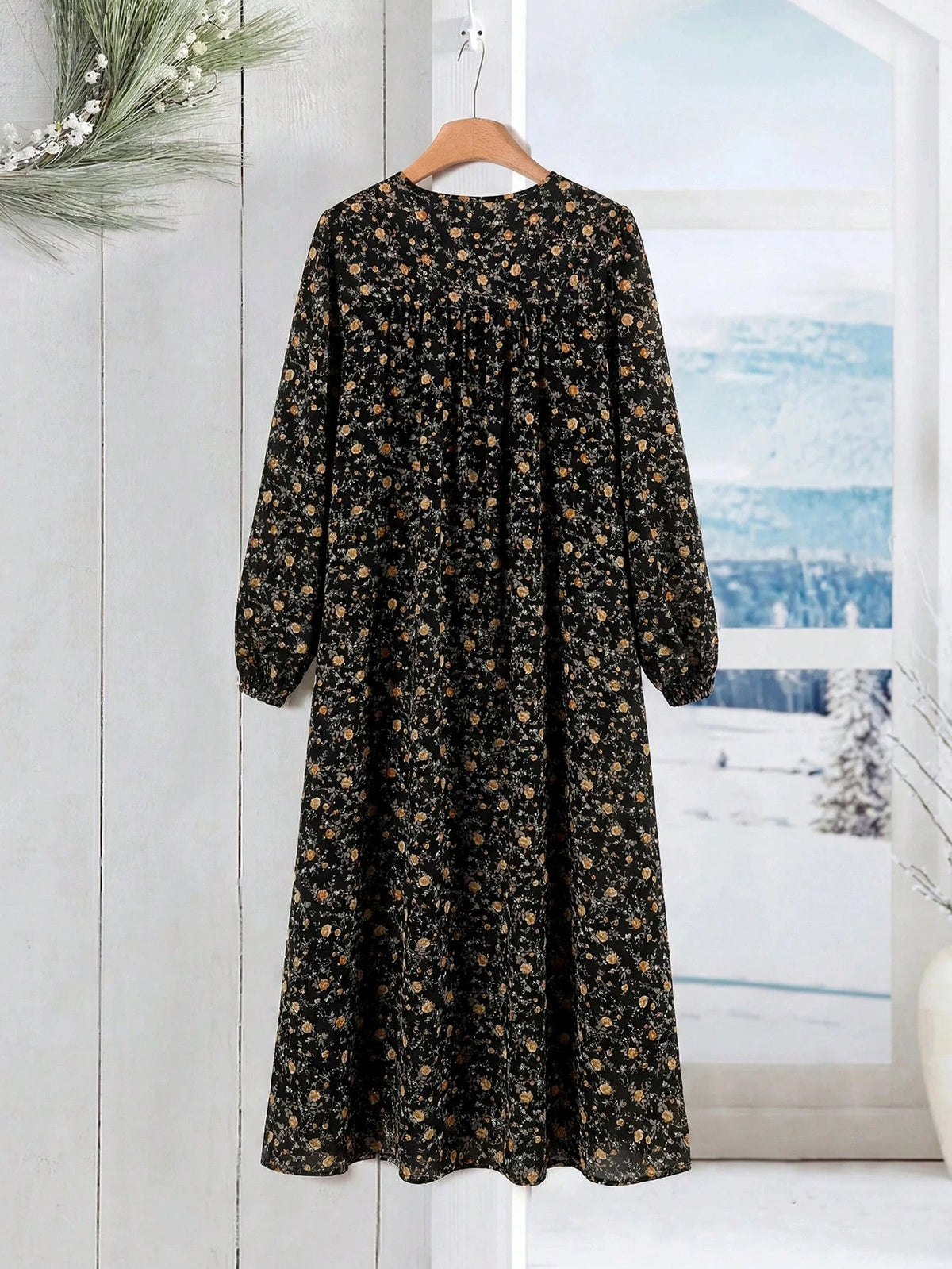 Rusticease Women's Ditsy Floral Round Neck Long Sleeve Button Design Casual Cottage Core Dress Picnic Black And Yellow Autumn