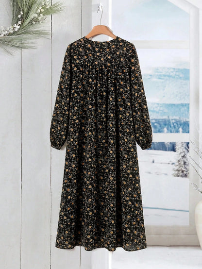 Rusticease Women's Ditsy Floral Round Neck Long Sleeve Button Design Casual Cottage Core Dress Picnic Black And Yellow Autumn