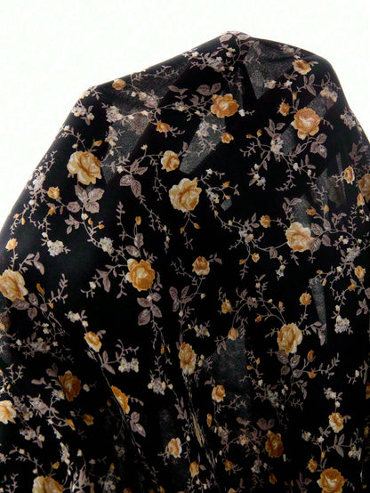 Rusticease Women's Ditsy Floral Round Neck Long Sleeve Button Design Casual Cottage Core Dress Picnic Black And Yellow Autumn