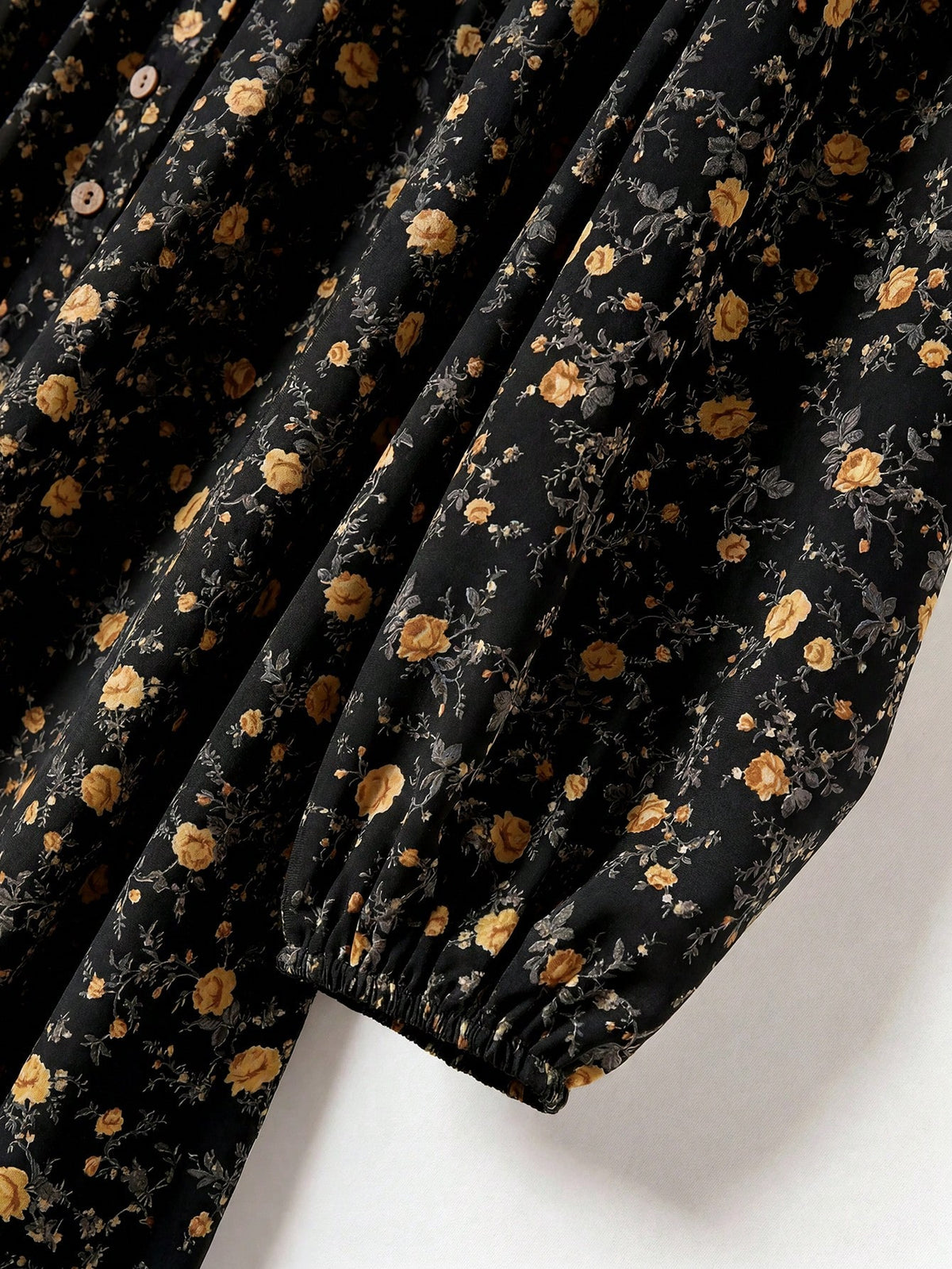 Rusticease Women's Ditsy Floral Round Neck Long Sleeve Button Design Casual Cottage Core Dress Picnic Black And Yellow Autumn