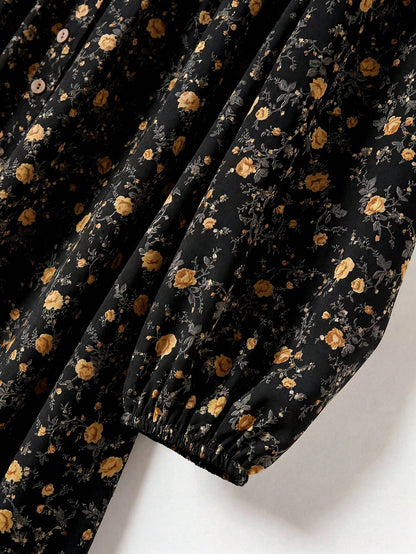 Rusticease Women's Ditsy Floral Round Neck Long Sleeve Button Design Casual Cottage Core Dress Picnic Black And Yellow Autumn