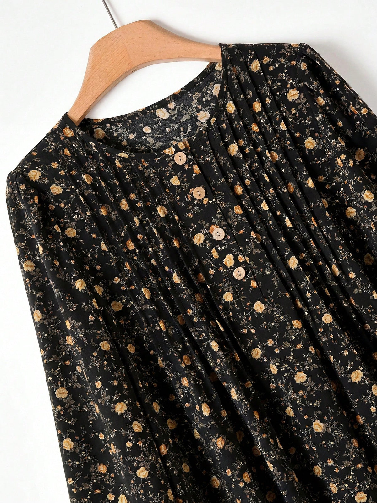Rusticease Women's Ditsy Floral Round Neck Long Sleeve Button Design Casual Cottage Core Dress Picnic Black And Yellow Autumn