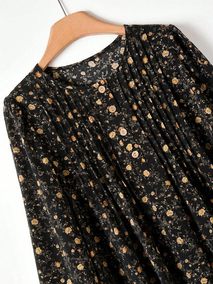 Rusticease Women's Ditsy Floral Round Neck Long Sleeve Button Design Casual Cottage Core Dress Picnic Black And Yellow Autumn