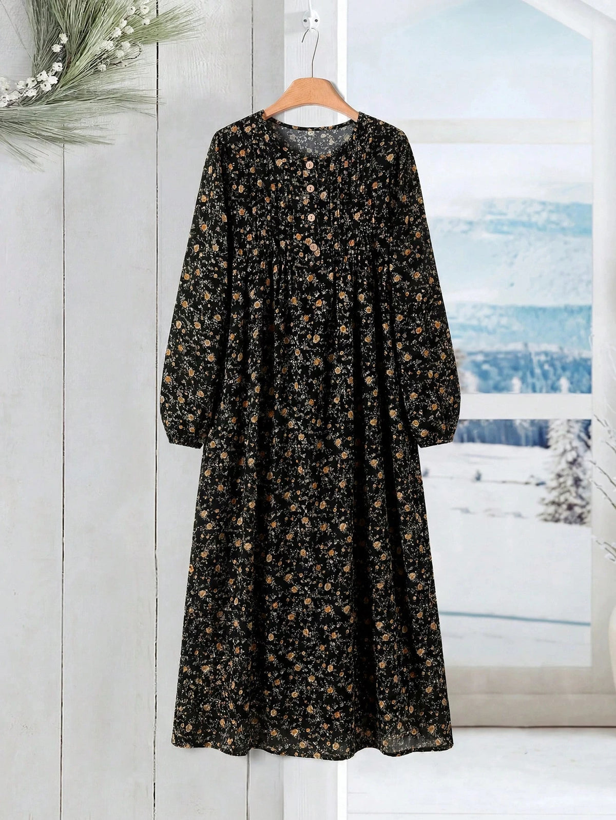 Rusticease Women's Ditsy Floral Round Neck Long Sleeve Button Design Casual Cottage Core Dress Picnic Black And Yellow Autumn