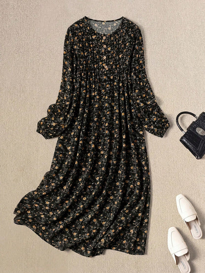 Rusticease Women's Ditsy Floral Round Neck Long Sleeve Button Design Casual Cottage Core Dress Picnic Black And Yellow Autumn