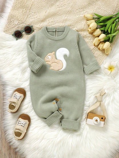Sage Green,Autumn,Cute,Family Matching Infant&Toddler Squirrel Embroidery Knitted Romper,Round Neck Long Sleeve Neutral Woodland Baby Clothes Jumpsuit